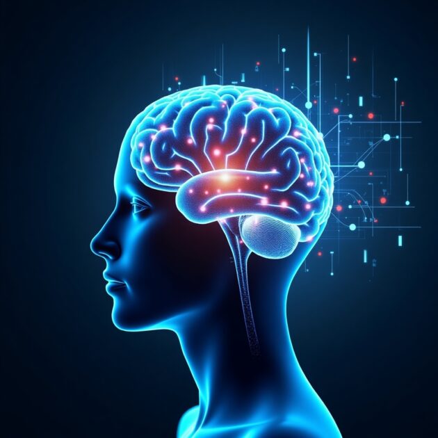 A human brain with glowing neural pathways, connected to a network of data points, representing the intersection of human intelligence and AI.