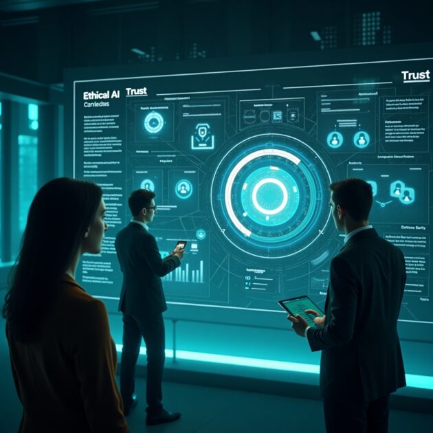 AI transparency Team analyzes data on a luminous screen, highlighting ethical AI trust.