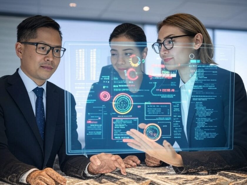 AI transparency Team collaborates on holographic interface, discussing data insights for ethical AI development.