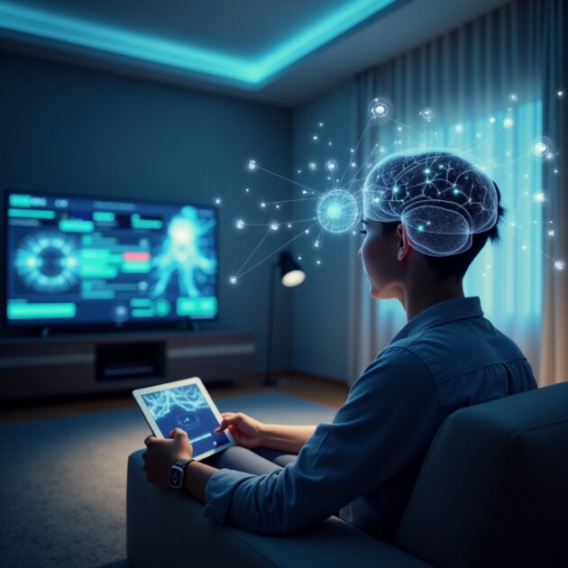 Person with tablet, brain overlay, TV screen. AI Neural Signals connect tech to thought in a modern room.