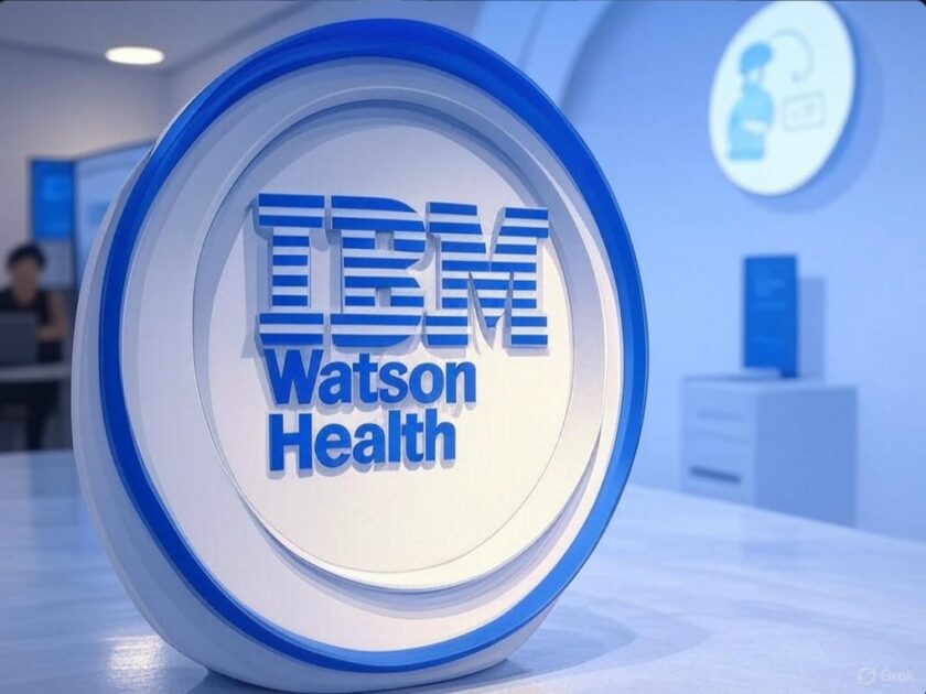 A circular sign with the blue IBM Watson Health logo is on a white surface in a brightly lit modern office or healthcare environment.