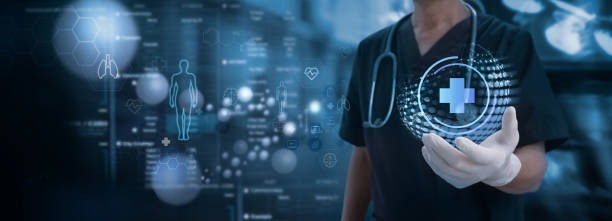 A person in medical scrubs and gloves holds a holographic medical cross, surrounded by other digital health icons and data visualizations.