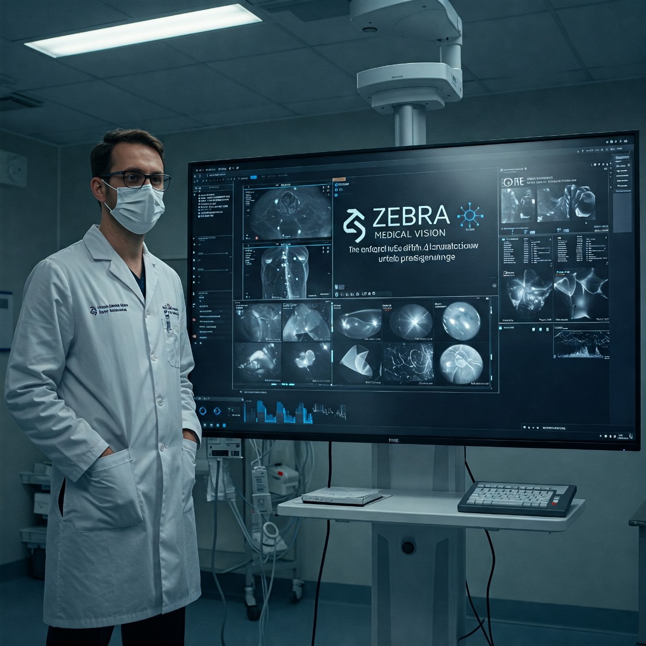 A person, who appears to be a man, wearing a white medical coat and a face mask, stands in a medical setting next to a large screen displaying Zebra Medical Vision imaging software.