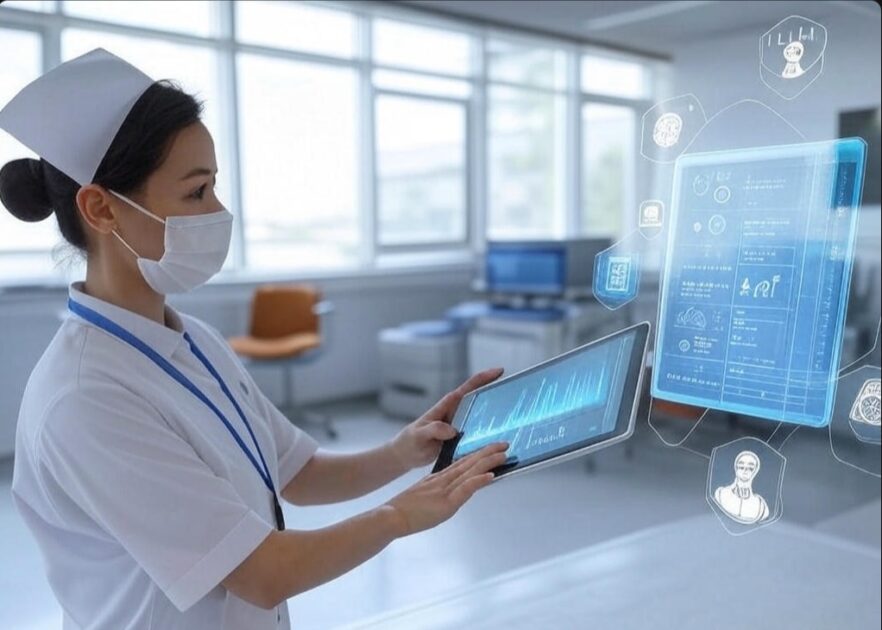 A person who appears to be a woman of Asian descent in a nurse's uniform and mask interacts with a holographic medical interface on a tablet in a clinical setting.