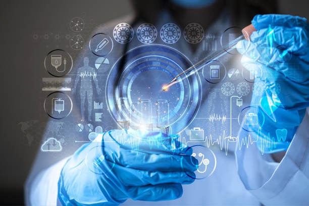 Close up of gloved hands using a dropper over a petri dish surrounded by holographic medical icons suggesting pharmaceutical research or diagnostics.