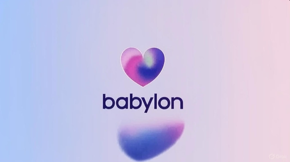 The Babylon Health logo is displayed against a soft gradient background, featuring a stylized heart above the lowercase word babylon