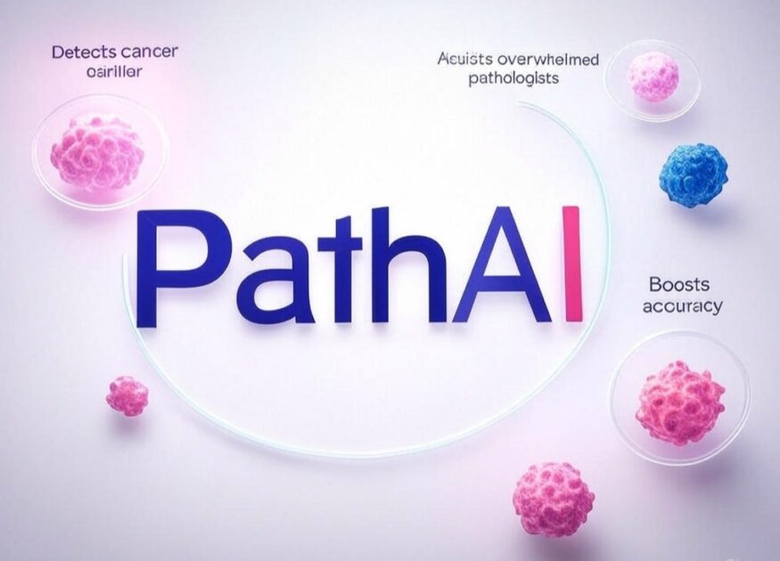 The PathAI logo is centered among stylized cancer cells, with text highlighting its ability to detect cancer earlier, assist pathologists, and boost accuracy.