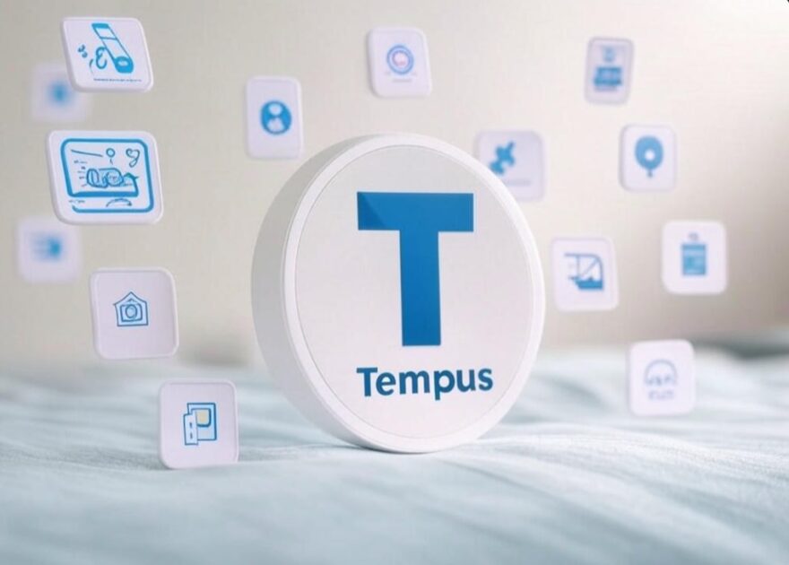 The Tempus logo a large blue T on a white circle with Tempus beneath is surrounded by floating icons representing medical and genomic services.