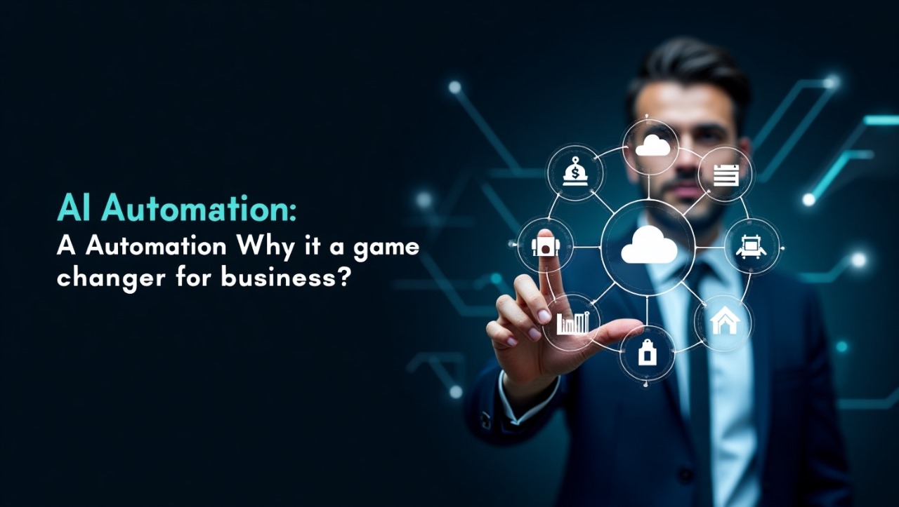 Businessman interacting with AI automation holographic display