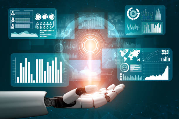 Robotic hand reaching towards a glowing orb with data visualizations