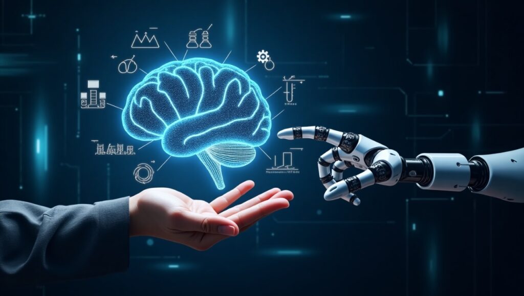 Human and robot hands touching a glowing brain hologram, symbolizing AI