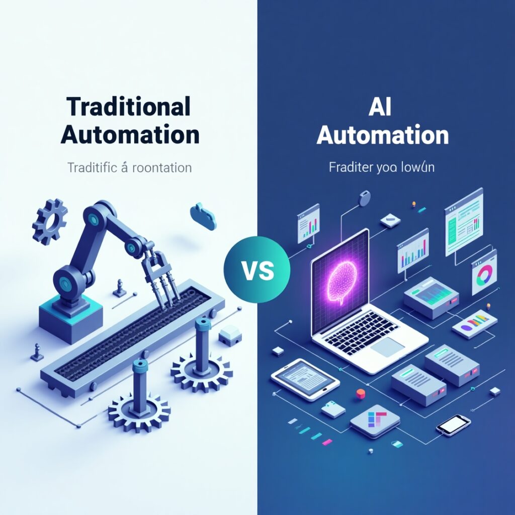  Comparison of traditional automation (robot arm) vs. AI automation (laptop and digital elements).
