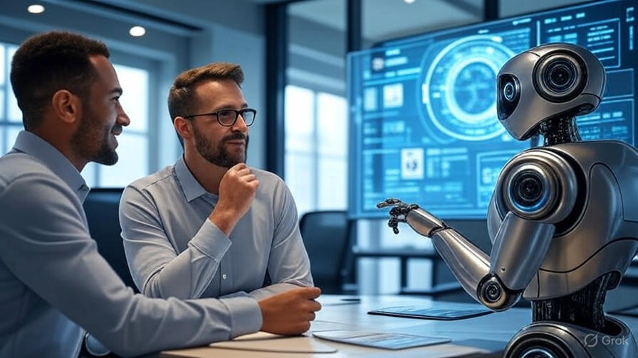 Businessmen consulting with a humanoid robot in an office.