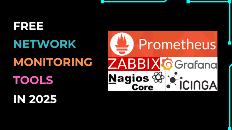 A slide titled "FREE NETWORK MONITORING TOOLS IN 2025" listing logos of Prometheus, Zabbix, Grafana, Nagios Core, and Icinga.