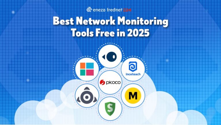 A blue graphic with the title "Best Network Monitoring Tools Free in 2025" above several circular icons displaying various software logos, including one resembling the Windows logo, an eye, a hat, a shield with a dollar sign, an 'M', and brand names like "pkoco" and "Inceteach".