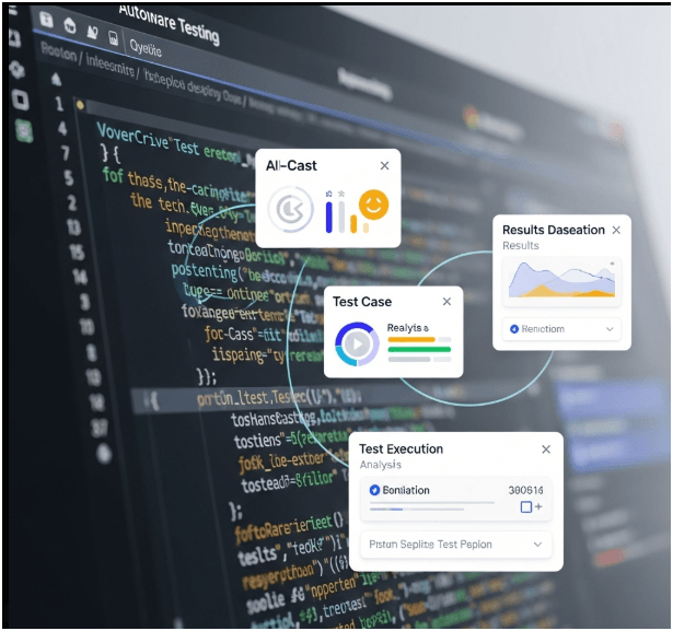  A close-up of a computer screen showing code with several pop-up windows for "AI-Cast," "Test Case," "Test Execution Analysis," and "Results" connected by lines, indicating automated testing or analysis