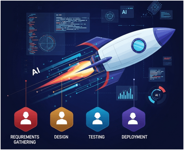 An infographic depicting a rocket launching diagonally across a dark blue background with digital elements. Below the rocket are four hexagonal icons labeled "Requirements Gathering," "Design," "Testing," and "Deployment," representing stages of software development.