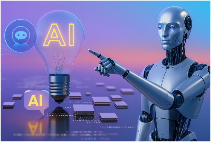 A silver humanoid robot pointing towards a lightbulb with "AI" written inside, against a backdrop of a blurred digital landscape with square chips.