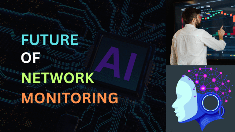 A slide titled "FUTURE OF NETWORK MONITORING" with "AI" prominently displayed on a circuit board, a man interacting with a data visualization on a large screen, and a stylized AI head.