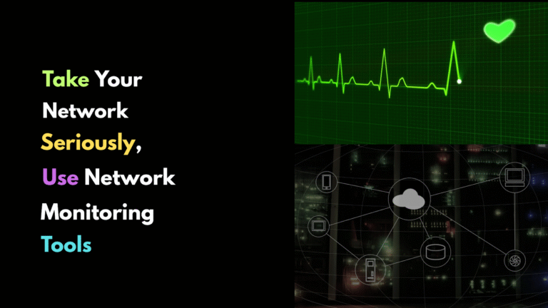A slide with text "Take Your Network Seriously, Use Network Monitoring Tools" on a black background, alongside graphics of an ECG heartbeat and a network diagram with a cloud icon.