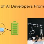 An image titled "Needs of AI Developers From Laptops" on an orange background. It shows icons for 32GB RAM, SSD, and a full battery, connected to an illustration of a person using a laptop. On the right, a man with a beard is playing chess against a robotic arm.