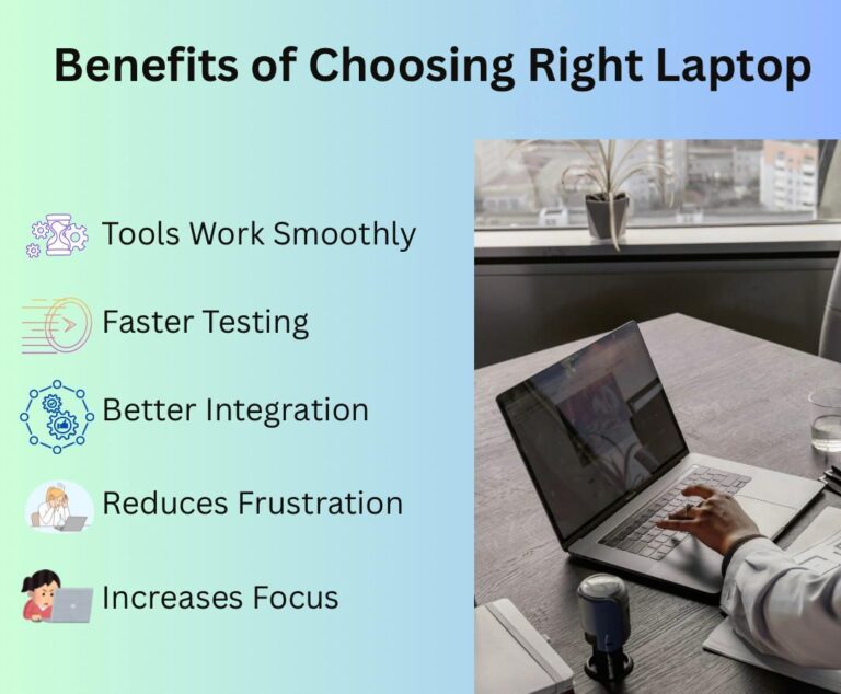 An image titled "Benefits of Choosing Right Laptop" with a gradient background. On the left, a list of benefits with icons: Tools Work Smoothly, Faster Testing, Better Integration, Reduces Frustration, Increases Focus. On the right, a person is typing on a laptop at a desk with a plant and a city view outside the window.