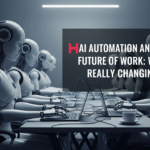 A futuristic digital workspace featuring humanoid robots working on laptops in a row, with the text "AI Automation and the Future of Work: What’s Really Changing?" highlighted.