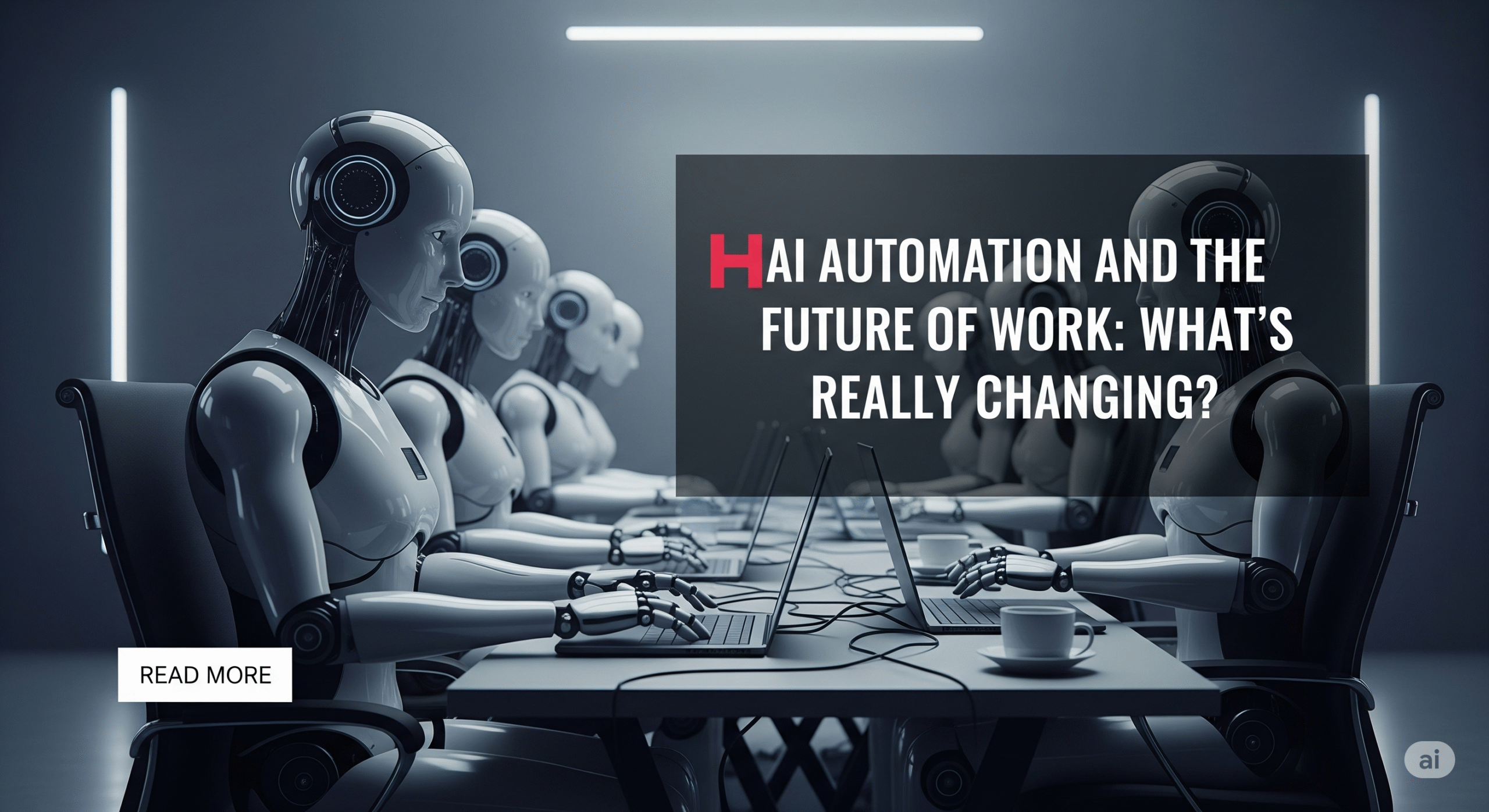 A futuristic digital workspace featuring humanoid robots working on laptops in a row, with the text "AI Automation and the Future of Work: What’s Really Changing?" highlighted.