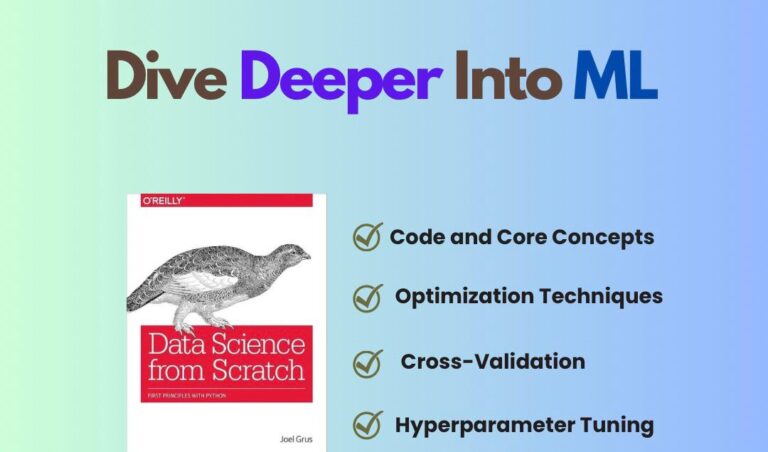 Cover of "Data Science from Scratch: First Principles with Python" by Joel Grus, with checkboxes for Code and Core Concepts, Optimization Techniques, Cross-Validation, and Hyperparameter Tuning.