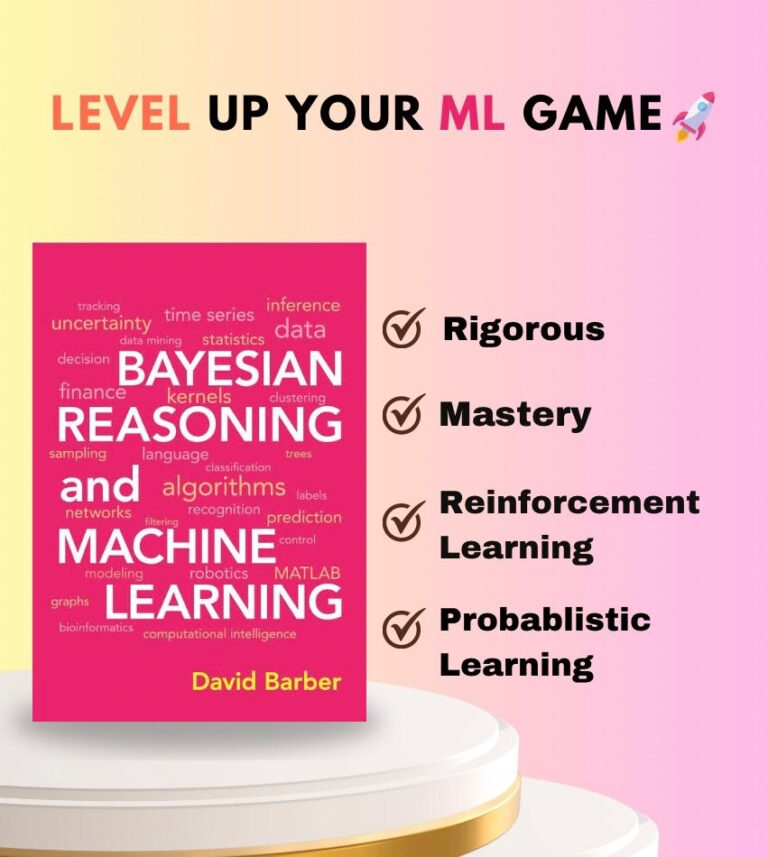 Cover of "Bayesian Reasoning and Machine Learning" by David Barber, with keywords and checkboxes for Rigorous, Mastery, Reinforcement Learning, and Probabilistic Learning.