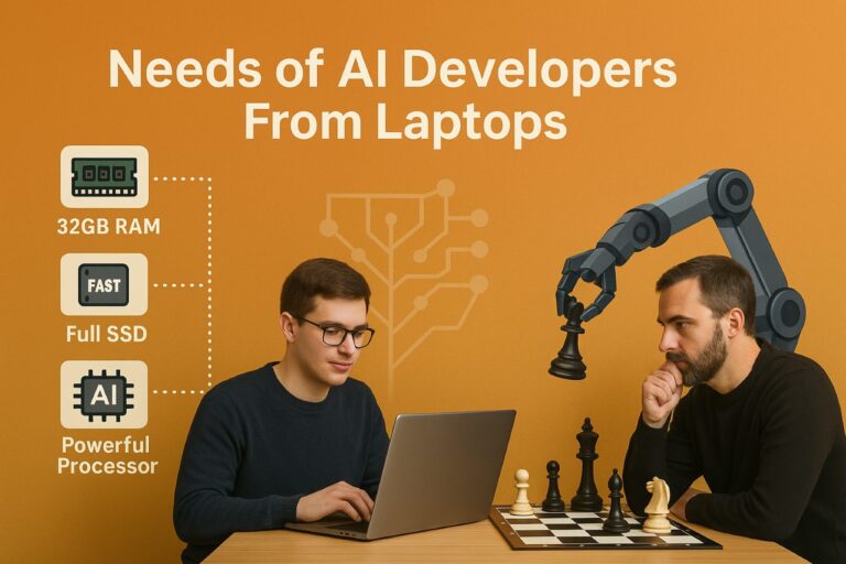 Two men playing chess, one using a laptop while a robotic arm makes a chess move; highlights include 32GB RAM, full SSD, and powerful processor requirements for AI developers.