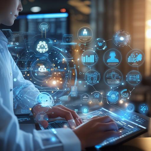 Person using a futuristic digital interface with glowing AI-powered analytics, graphs, and business automation icons in a high-tech environment.
