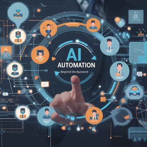 Futuristic interface showing AI automation with a person touching a digital screen surrounded by icons of people, technology, and data flow connections.