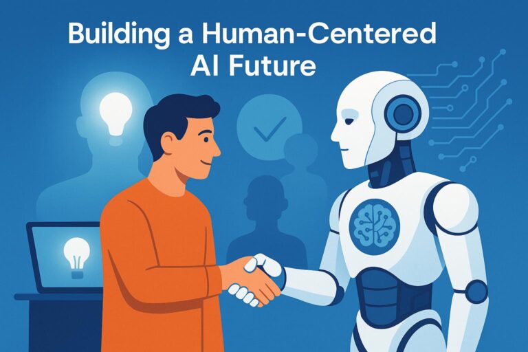 An illustration depicting a human and a robot shaking hands, symbolizing the integration and collaboration in a human-centered AI future. The background shows faint silhouettes of people and technology elements.