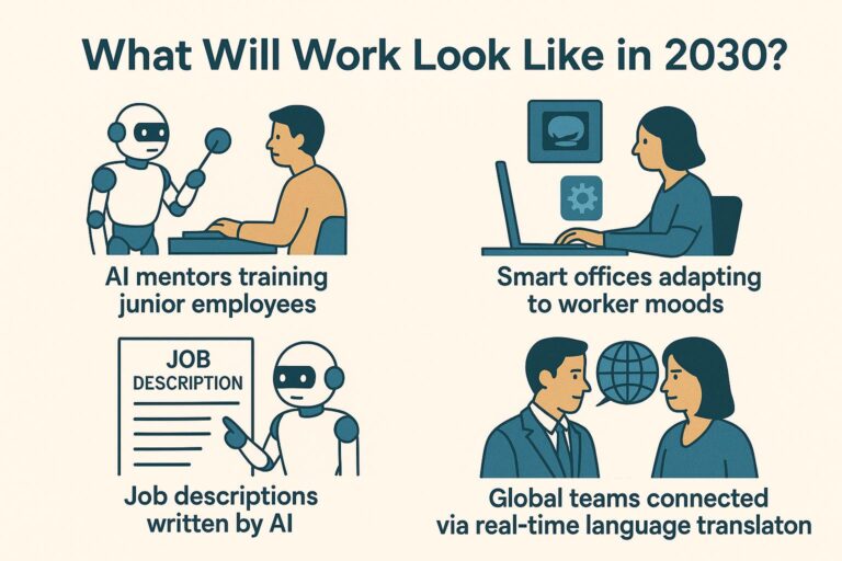 An infographic titled "What Will Work Look Like in 2030?" featuring four scenarios: AI mentors training employees, smart offices adapting to moods, job descriptions written by AI, and global teams connected via real-time language translation.