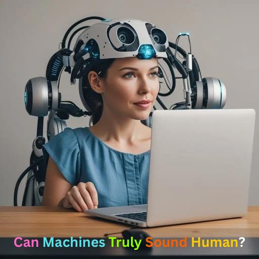 Woman wearing a futuristic headset connected to a machine, sitting in front of a laptop, symbolizing the question of whether AI can replicate human speech.