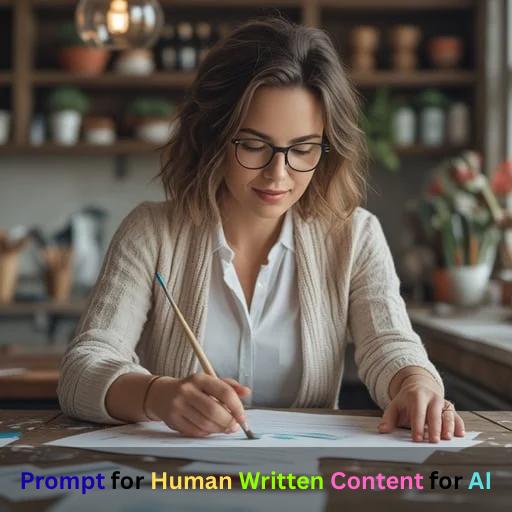 Woman writing thoughtfully at a desk with creative tools, representing the idea of using human-written prompts to guide AI-generated content. Ask ChatGPT Select 78 more words to run Humanizer.