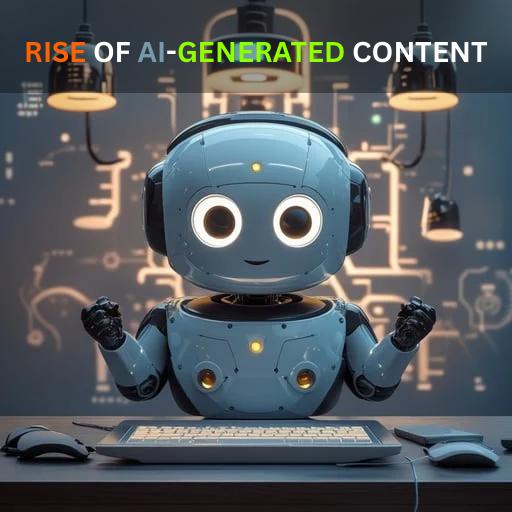 Cute humanoid robot sitting at a desk with a keyboard, surrounded by digital elements, symbolizing the growth of AI-generated content.