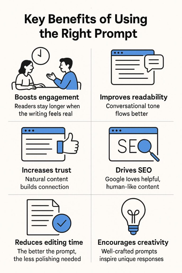 An infographic titled "Key Benefits of Using the Right Prompt" showing six benefits: boosts engagement, improves readability, increases trust, drives SEO, reduces editing time, and encourages creativity.