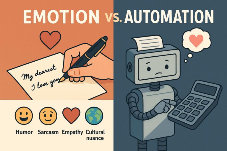 An illustration contrasting "Emotion" and "Automation." On the left, a hand writes a letter with a heart, and icons represent humor, sarcasm, empathy, and cultural nuance. On the right, a sad robot with a paper coming out of its head uses a calculator, with a thought bubble containing a heart.