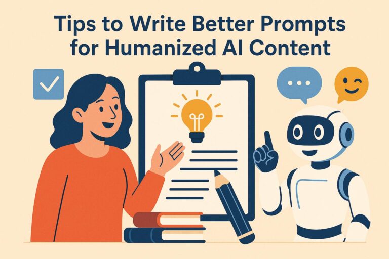 An illustration titled "Tips to Write Better Prompts for Humanized AI Content," showing a person presenting ideas to a robot, with a clipboard featuring a lightbulb, speech bubbles, and books.