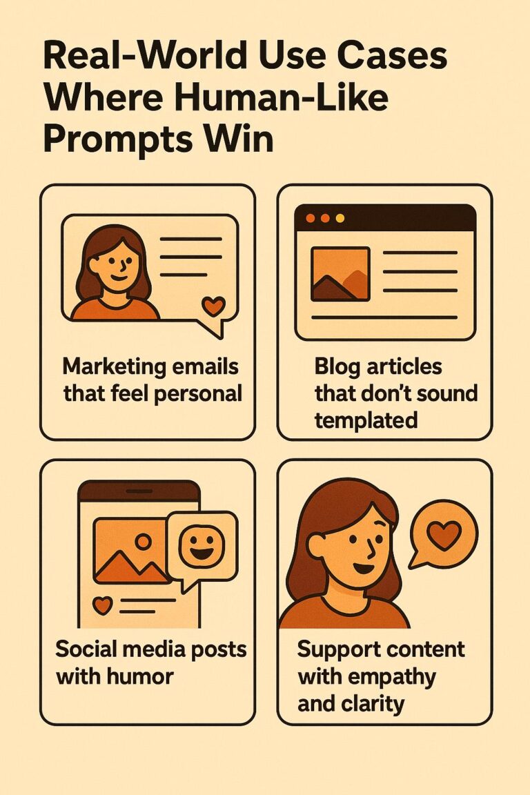 An infographic titled "Real-World Use Cases Where Human-Like Prompts Win," showing four examples: marketing emails, blog articles, social media posts, and support content.
