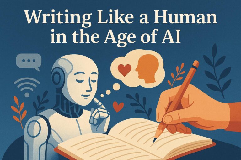 An illustration titled "Writing Like a Human in the Age of AI," showing a thoughtful robot beside a human hand writing in a book, with a thought bubble indicating a human profile and a heart.