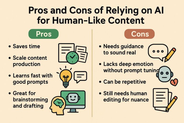 An infographic titled "Pros and Cons of Relying on AI for Human-Like Content," listing benefits like saving time and scaling production, and drawbacks such as needing guidance and lacking deep emotion.